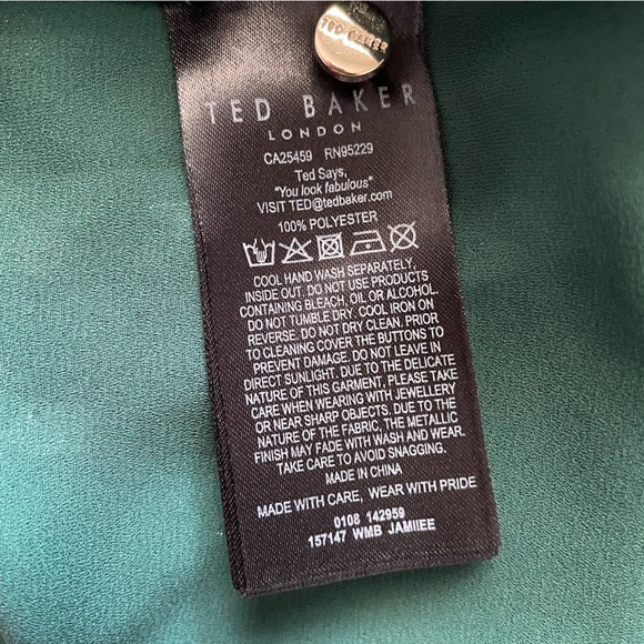 Ted Baker Jamiiee Puff Sleeve Foil Polka Dot Top Blouse Green Gold Size 5 Large - Picture 5 of 15